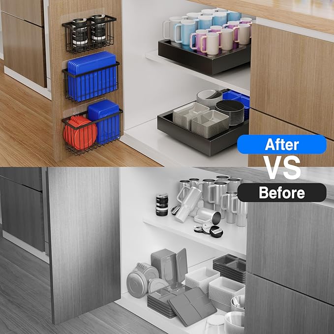 MUSTORN 3 Pack Adhesive Cabinet Door Organizer, Lid Organizers Inside Cabinet Food Container/Tumbler Lid Organizer and Storage Cup Lids Holder for Kitchen & Bathroom Wall Mounted(Black)