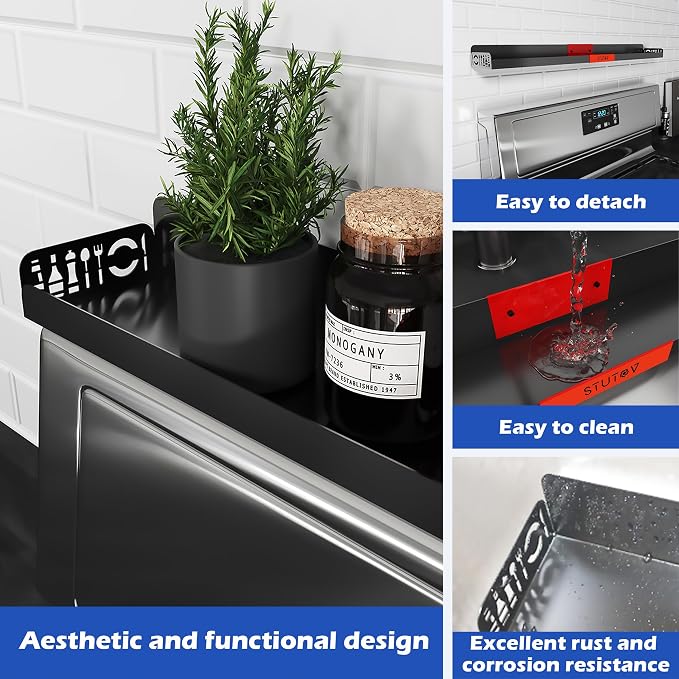 STUTOV 30" Magnetic Stove Top Shelf – Black Spice Rack with Red Logo and Seasoning Organizer – Kitchen Shelf for Back of Stove – Over Stove Rack and Storage Organizer