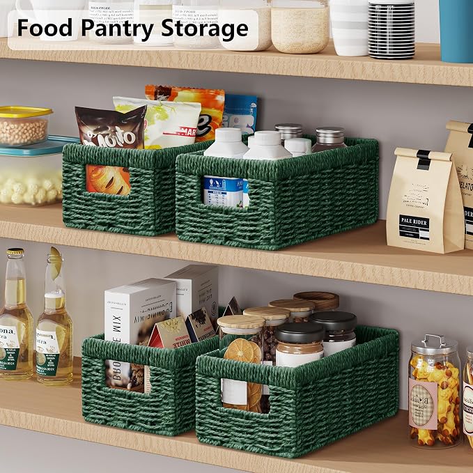 Vagusicc Wicker Storage Basket, Set of 2 Hand Woven Wicker Baskets for Organizing with Handles, Decorative Small Storage Bins for Countertop Toilet Paper Basket for Toilet Tank Top, Shelves, Green