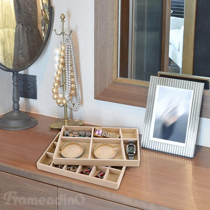 Framendino, 4 Pack Beige Velvet Jewelry Trays Stackable Organizer Drawer Inserts Container Display Case for Earrings Bracelets Necklace