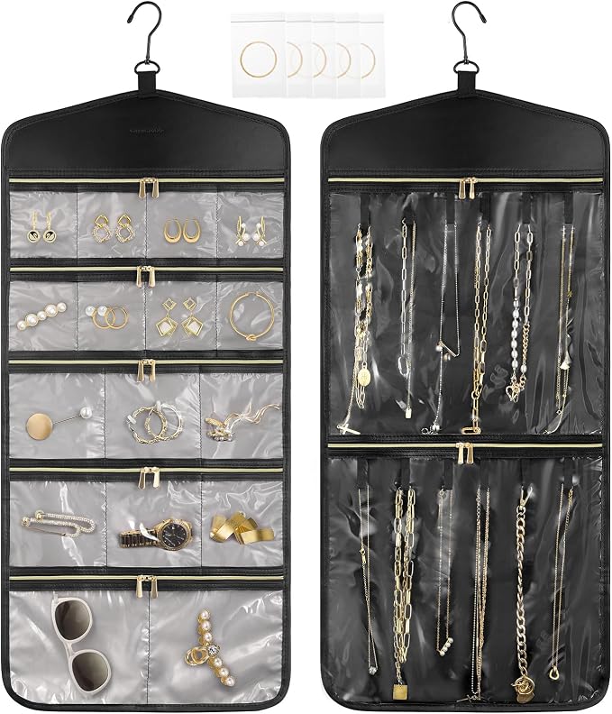 CHICECO Travel Jewelry Holder Organizer,Hanging Jewelry Organizer Storage with Zippered Pockets for Cloest,Jewelry Holder for Earrings, Necklaces (Grey Black)