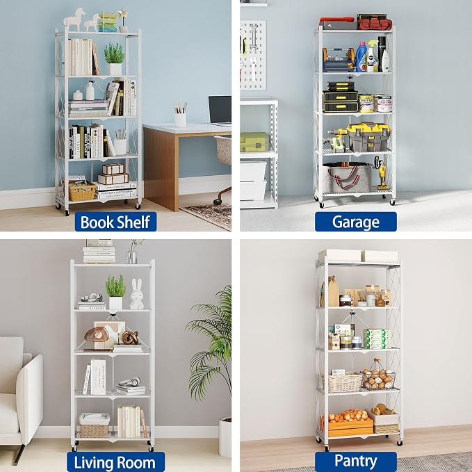 5 Tier Foldable Storage Shelves with Wheels -No Assembly Metal Folding Shelves Collapsible Shelving Unit Display Heavy Duty Rolling Shelf for Home Kitchen Office Room (White, 64" x 13" x 27")