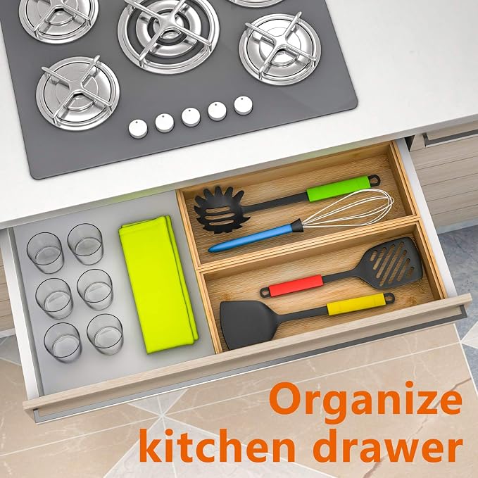 Bamboo Kitchen Drawer Organizer 15"x 6", Wooden Stackable Silverware Tray | Utensil Organizer Cutlery Holder for Kitchen, Wooden Storage Box for Bathroom, Multi-Use Storage Bins Dividers for Office