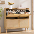 Shoe Storage Cabinet for Entryway, Slim Freestanding Rattan Shoe Cabinet with 3 Flip Drawers, Hidden Shoe Organizer Cabinet, Narrow Shoe Rack , Farmhouse Design (4 Flip Drawer - Breathe Rattan)