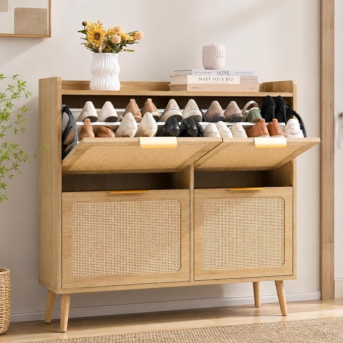 Shoe Storage Cabinet for Entryway, Slim Freestanding Rattan Shoe Cabinet with 3 Flip Drawers, Hidden Shoe Organizer Cabinet, Narrow Shoe Rack , Farmhouse Design (4 Flip Drawer - Breathe Rattan)