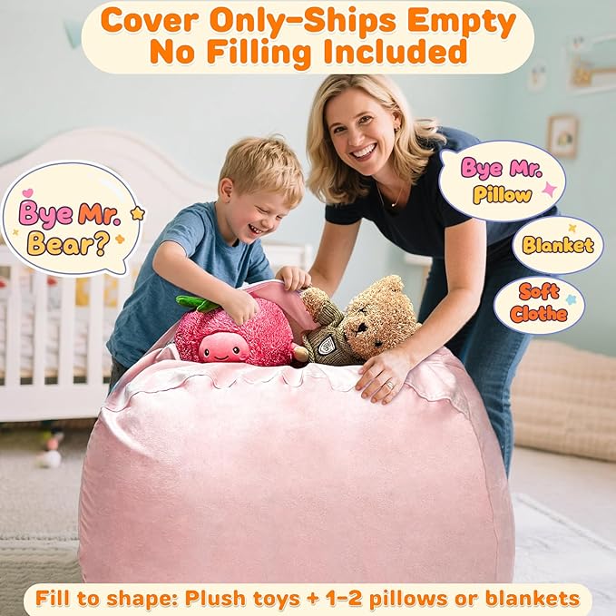 Lukeight Stuffed Animals Storage Bean Bag Chair Cover Only (Ships Empty, No Filling) - Velvet YKK Zipper Beanbag Cover for Big Kids and Teens, Washable Plush Toy Organizer, XX-Large 36" D x 20" H