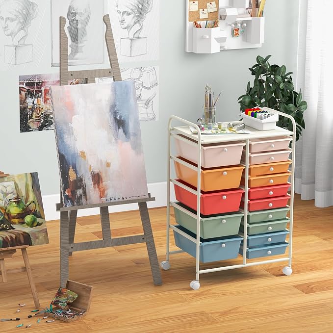 BECOMFORT 15-Drawer Rolling Cart with Drawers, Storage Cart on Wheels, Teacher Classroom Organizers with Metal Frame, Mobile Craft Cart for Tools, Trolley Utility Cart for School Office Play Room