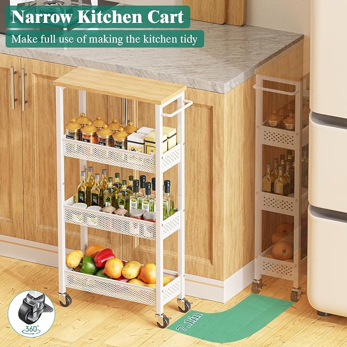 Giwil Slim Rolling Storage Cart 4 Tier Bathroom Organizer Mobile Shelving Unit Utility Cart with Wood Top and Handle for Kitchen Laundry Narrow Places, White