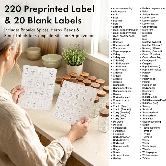 EDELHAUS Glass Spice Jars with Label, 24x Acacia Wooden Lids - White Labels | Airtight Lids keep spices fresh, Kitchen Spice Drawer Organizer, 4oz Seasoning Containers incl. Funnel, Brush & 240 Labels