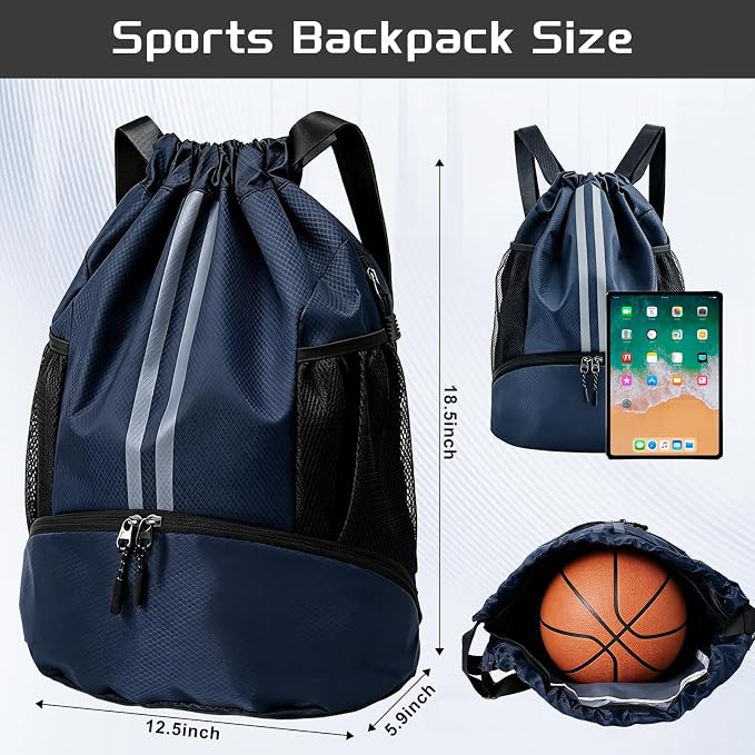 Navy Blue Sports Drawstring Backpack with Shoes Compartment, String Gym Bag with Wet Proof Pocket for Basketball, Soccer, Swim, Sport Bag for Men and Women