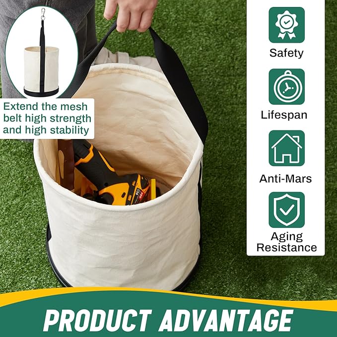 2 Pack Canvas Bucket 15" x 12" Heavy Duty Lineman Tool Bag with Plastic Bottom & Metal Hook Electrician Tool Organizer for Jobsite Use, Load Rated up to 150 Pounds (White)