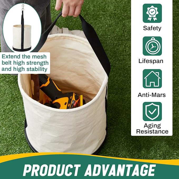 1 Pack Canvas Bucket 15" x 12" Heavy Duty Lineman Tool Bag with Plastic Bottom & Metal Hook Electrician Tool Organizer for Jobsite Use, Load Rated up to 150 Pounds (White)