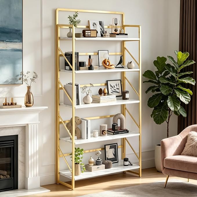 JSB 6 Tier No Assembly Folding Bookshelf, 30.3" Wide Foldable Storage Bookcase for Home Office, Space-Saving Storage Shelf for Living Room (White&Gold)
