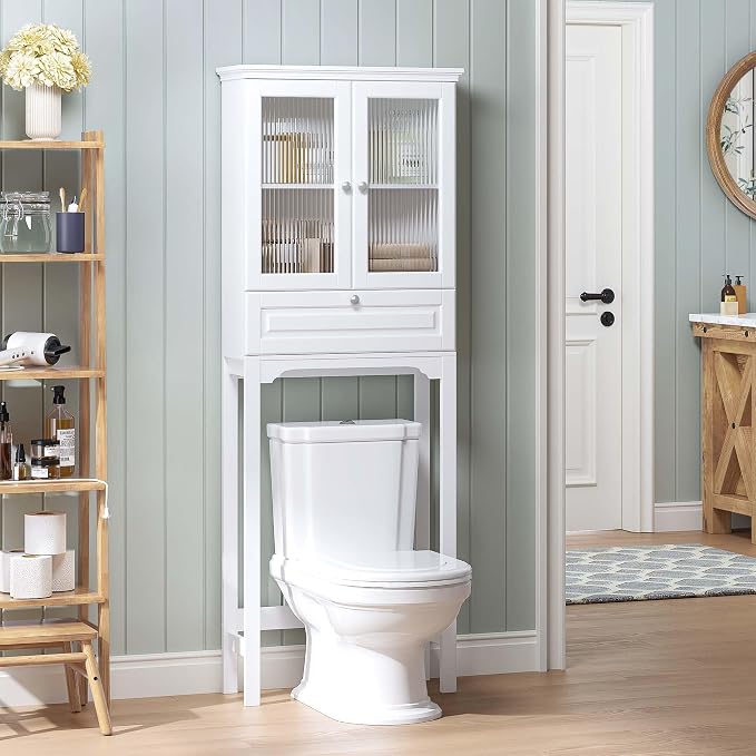 Spirich Over the Toilet Storage Cabinet with Moru Glass Doors, White | Tilt-Out Storage, Adjustable Shelf & Bottom Crossbar, Anti-Tip Bracket, 33-Inch Clearance, Space-Saving Bathroom Organizer