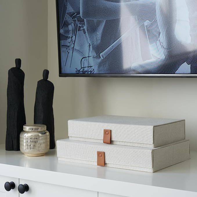 Decorative Photo Storage Boxes with Lids - Set of 2 Beautiful Linen Organizers Are Perfect to Safely Store Your Pictures, Documents, Scrapbooking Supplies, Keepsakes and Other Memories in Style