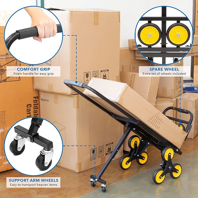 Mount-It! Folding Hand Truck and Dolly, Heavy-Duty Luggage Trolley Cart with Telescoping Handle and Rubber Wheels, Silver, Black, Yellow, (130 Lb Capacity)