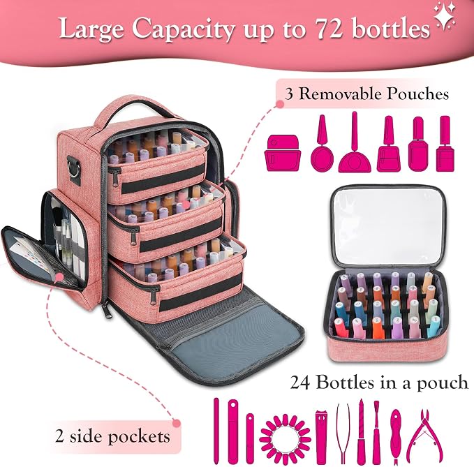 YOREPEK Nail Polish Organizer with 3 Removable Pouches for 72 Bottles, Pink | Large Nail Polish Carrying Case with 4 Zippered Pockets for Manicure Tools, Supplies, Nail Lamp, Gifts for Women