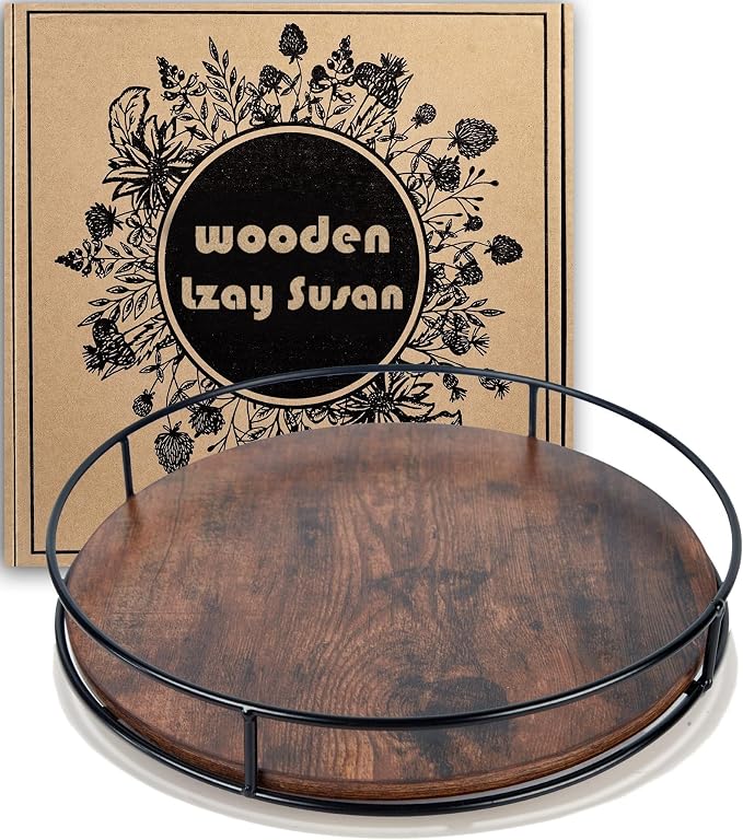 12" Rustic Brown Wood Lazy Susan,360° Decorative Turntable for Countertop