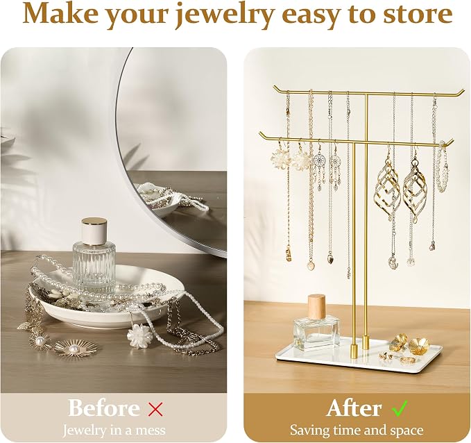 Necklace Holder Stand,Metal Jewelry Organizer for Home Decor,White and Gold | Modern Design,Easy Assembly,Non-Slip EVA Pads,Gift for Woman,Necklace Display for Bedroom,Vanity and Dresser