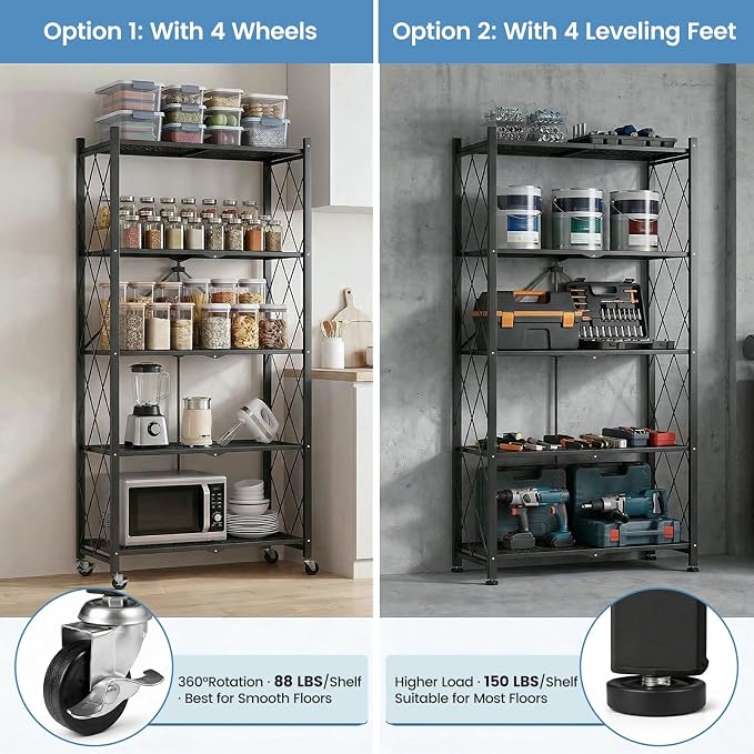 ALANNG 70.7" H Metal Storage Shelves, 5 Tier Folding Shelf on Wheels | Heavy Duty, No Assembly, Rolling, Collapsible Rack Unit for Kitchen, Basement, Pantry (Black,1 Pack)