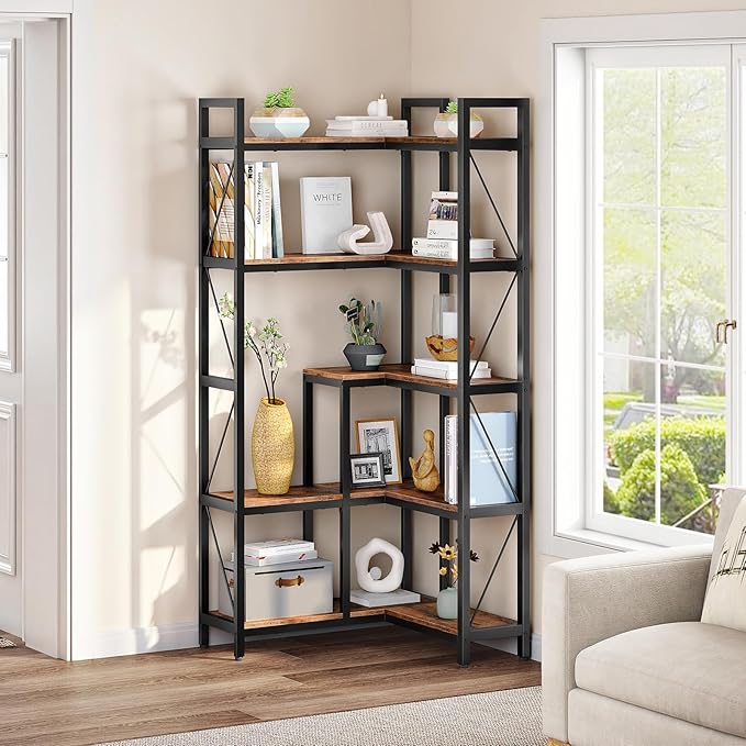 CHOEZON Corner Bookshelf, 5-Tier L-Shaped Bookcase, Corner Shelf with Metal Frame, Industrial Tall Display Shelf, for Living Room, Home Office, Bedroom, Rustic Brown TSJ12BF