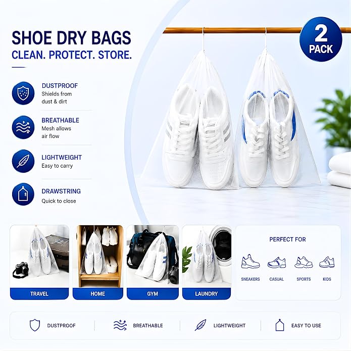 GEWON Shoe Washing Machine Bag for Wash & Dry, 4-in-1 Kit 2 Chenille Sneaker Laundry Bags + 2 Dust Bags, Self-Locking Zipper