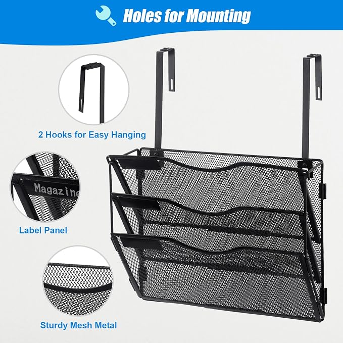 EASEPRES 3 Pocket Mesh Hanging Wall File Organizer with Hangers & Nametag Label, Wall Mounted Mail Paper Document Folder Holder, Clipboard Storage Organization Magazine Rack for Office Cubicle, Black