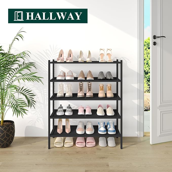 Smiry Bamboo Shoe Rack, 5 Tier Shoe Organizer for Entryway & Closet, Stackable Free Standing Storage Shelf for Shoes, Bags & Plants, Black