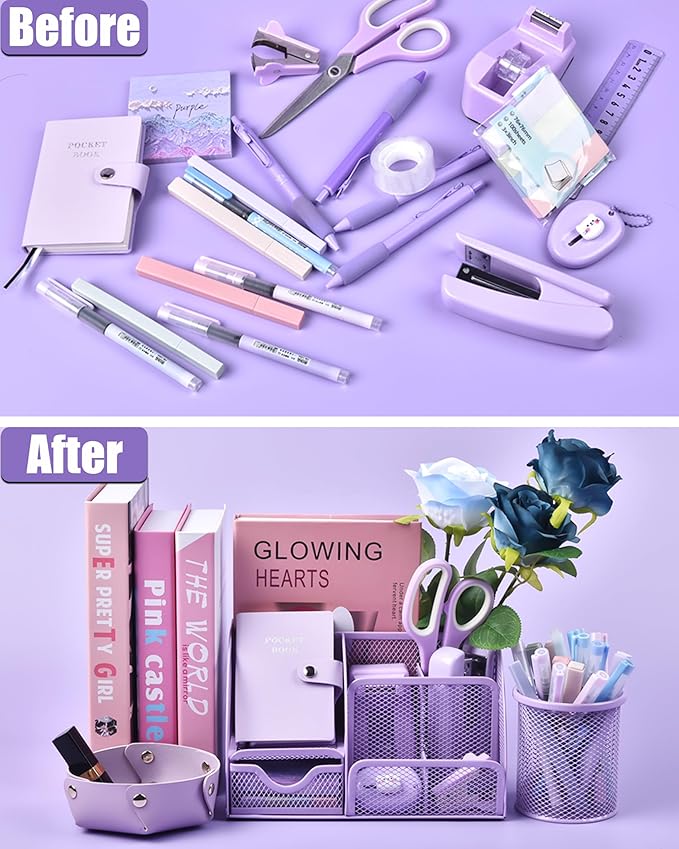Purple Desk Accessories, 26Pcs Office Supplies and Desk Organizers, with Tape Dispenser, Stapler, Staple Remover Ect, Gift Box Packaging