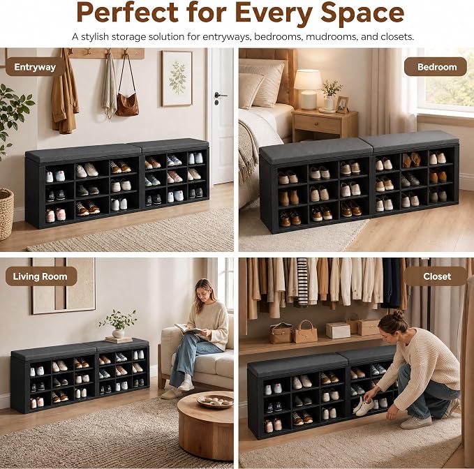 Shoe Storage Bench with Padded Seat, 18-Cubby Shoe Organizer for Entryway, 59.1" Long 700 lb Capacity, for Living Room, Bedroom, Hallway (Blackboard with Dark Gray, Linen, Sponge)