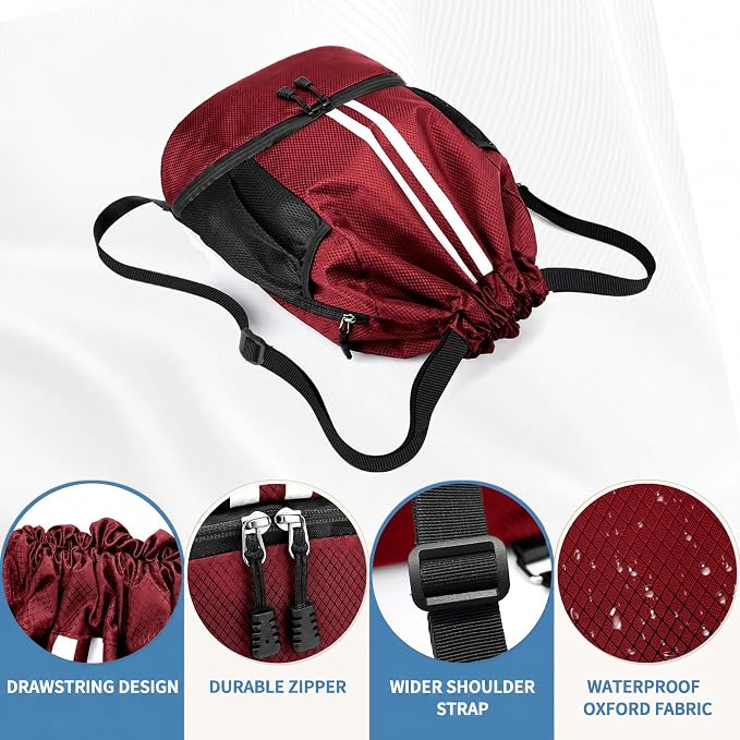 JELUTAR Drawstring Backpack Gym Bag with Shoes Compartment, Burgundy | Water-Resistant String Backpack for Soccer, Basketball, Swim, Beach Cinch for Women Men,18 L Large Capacity, Wet Pocket