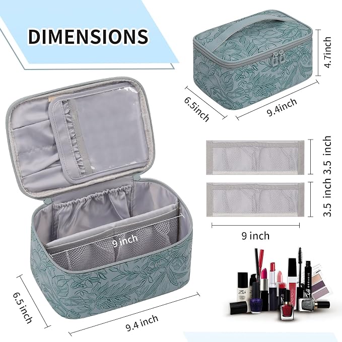 OCHEAL Makeup Bag for Women - Travel Cosmetic Organizer with Brush Slot & Divider, Large Capacity Toiletry Bag for Girls, Travel Makeup Case for everyday Make up Accessories -Blue Floral