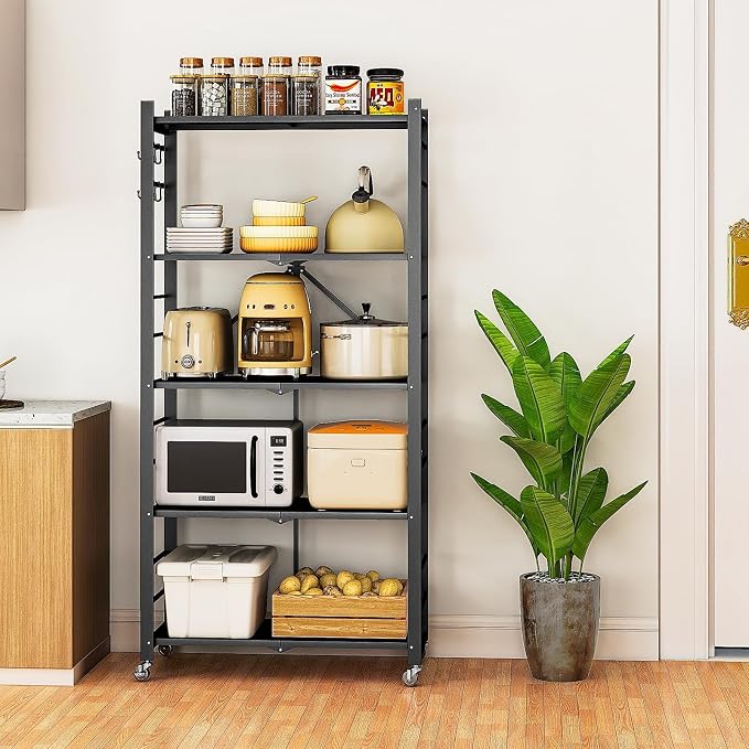 Fenbeli Foldable Shelves with Wheels - 5 Tier Folding Shelf, Collapsible No Assembly Metal Shelving Unit, Origami Storage Shelves & Rolling Storage Rack with 8 Hooks for Kitchen Pantry Garage
