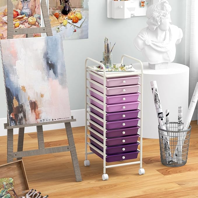 LDAILY 10 Drawer Rolling Storage Cart, Craft Organizer on Wheels, Drawer Cart with Metal Frame & Large Storage Capacity, Rolling Cart with Drawers for Living Room Classroom, Office
