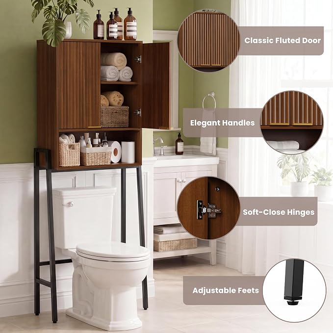 25" W Over The Toilet Storage Cabinet with Fluted Door,Bathroom Organizers and Storage with Adjustable Shelves, Modern Over Toilet Organizer for Bathroom,Restroom,Laundry,Walnut