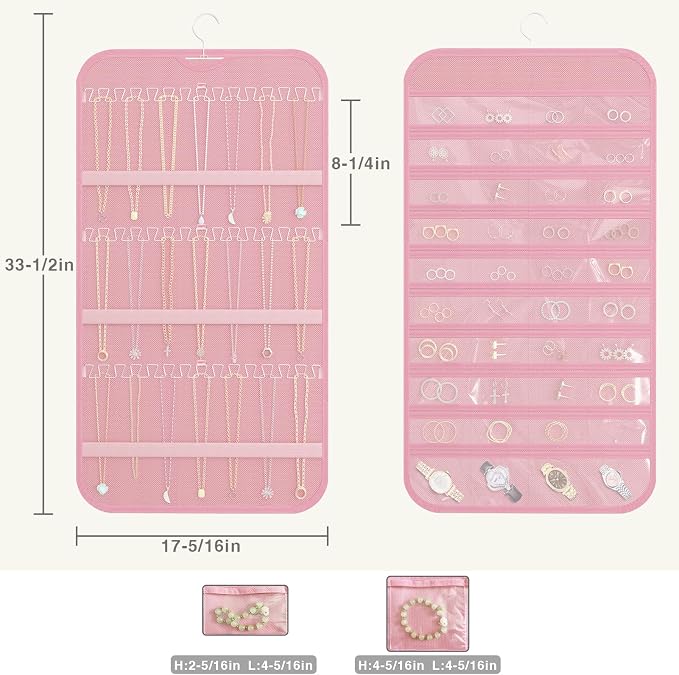 Double-Sided Hanging Jewelry Organizer for Necklaces Earrings, 1-Pack, Pink | Foldable 36 hooks & 40 clear pockets; swivel hook fits walls, doors & rods for earrings, bracelets, rings & small jewelry