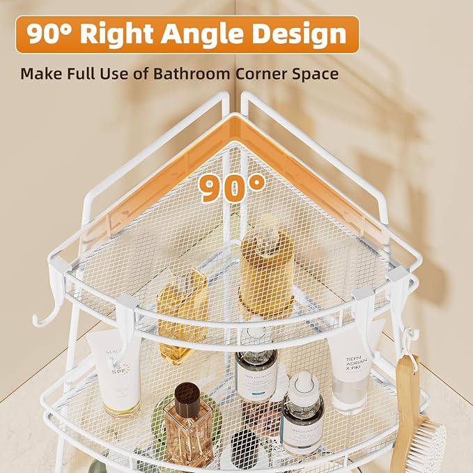 VITVITI 3 Tier Corner Bathroom Counter Organizer, Metal Bathroom Countertop Organizer Shelf Storage, Bath Room Sink Makeup Organizers for Vanity Skincare with Hooks, White
