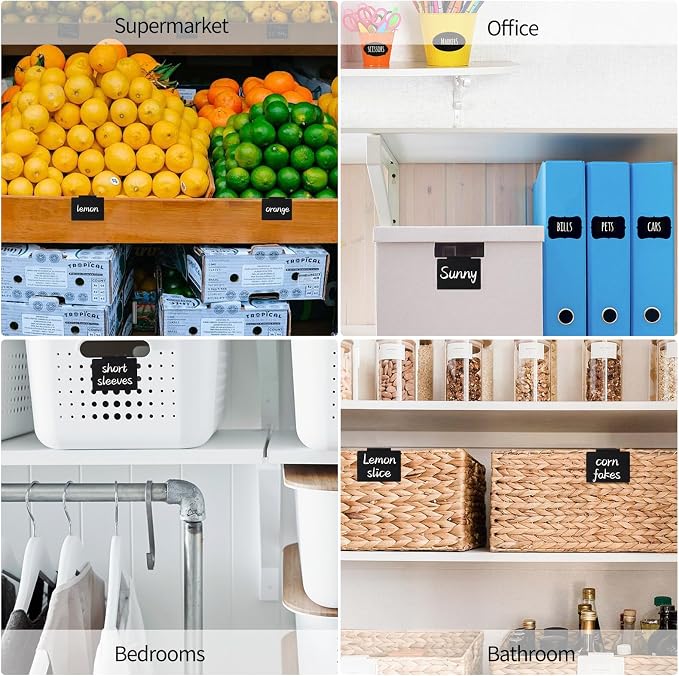 13Pcs Black Clip-On Basket Labels Set with White Marker, Reusable Pantry Bin Labels for Kitchen, Linen Closet & Storage Organization