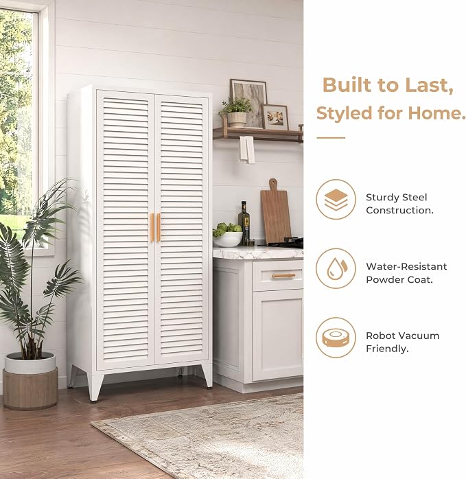 White Metal Storage Cabinet with Doors and 3 Adjustable Shelves 61"Tall Multifunctional Steel Heavy-duty Storage Locker for Kitchen Living Room Bedroom Home Office School 61"H X 27.6"W X 13.8"D