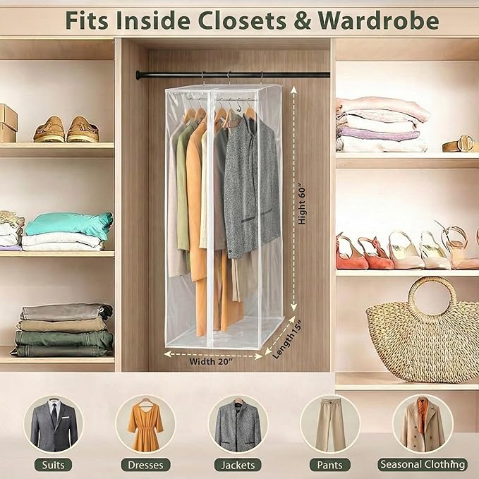 Clear Garment Bag, 60" Hanging Zippered Closet Organizer with Metal Frame – Protects Dresses, Suits & Jackets from Dust and Moisture