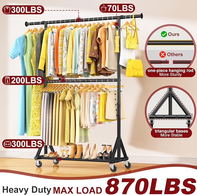 Heavy Duty Clothes Rack Load 760 LBS, Double Tier Rolling Garment Rack with Wheels, Adjustable Height Clothing Rack for Hanging Clothes, Double Rod Sturdy Metal Clothes Hanging Rack for Bedroom