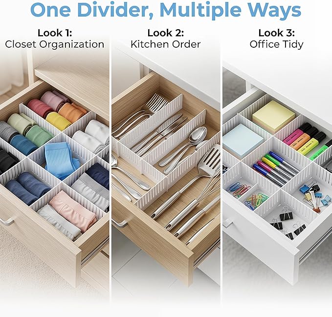 Adjustable Plastic Drawer Separators, 15 PCS Dividers + 25 Connectors, 14.96" Length x 4.33" Height, Cuttable Storage Organizer for Socks, Garments, Kitchen Tools, Bedroom & Bathroom Drawers