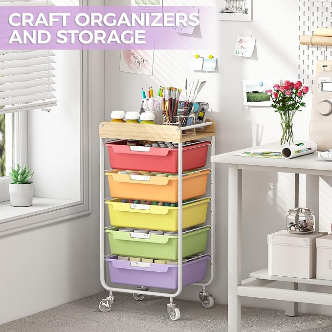 SYKIARIOL Utility Cart with 5 Labeling Drawers and Wooden Tabletop – Rolling Storage Cart for Crafters, Artists, Kids, Teachers, and Students – Organize Arts, Crafts, Sewing & Study Supplies