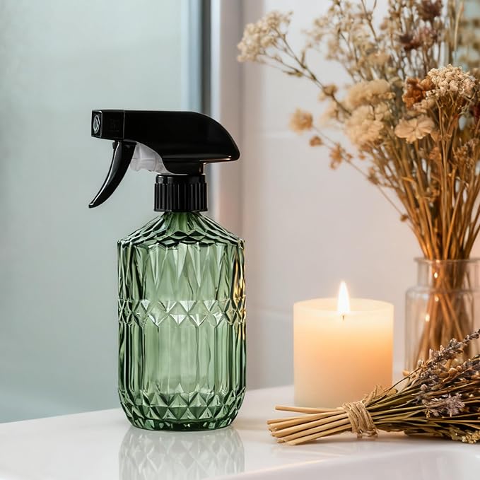 Glass Handheld Spray Bottle, 15oz Refillable Water Bottle Spray, Reusable Adjustable Nozzle Plant Mister Spray Bottles Indoor, Plant Mister for Hair, Cleaning, Gardening, Pets Care (Green)