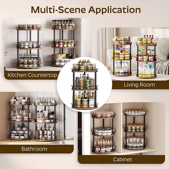 YATINEY Spice Rack, Set of 2 Lazy Susan Organizer, 3-Tier Turntable Organizer For Cabinet, Compact and Versatile, for Kitchen Countertop, Rustic Brown SR23L2BR