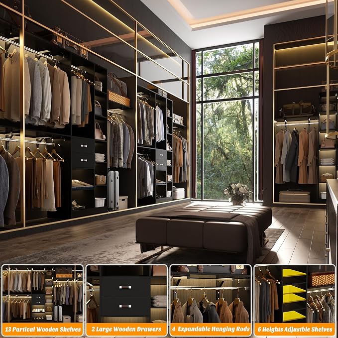 Armocity 8FT Heavy Duty Wood Closet System, 1500 LBS+ Capacity Wall Mounted Walk-in Closet Organizer with 2 Drawers & 4 Hanging Rods, 96'' Custom Bedroom Storage Wardrobe, Black