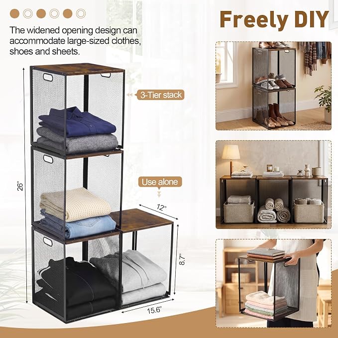 AceOrbit 3 Pcs Heightened Stackable Closet Organizers and Storage with Wood Foldable Top Metal Cube Closet Shelf DIY Space Saving Linen Cloth Shoe Bed Sheet Bin Wardrobe Bedroom (12"x12"x15.7", Dark)