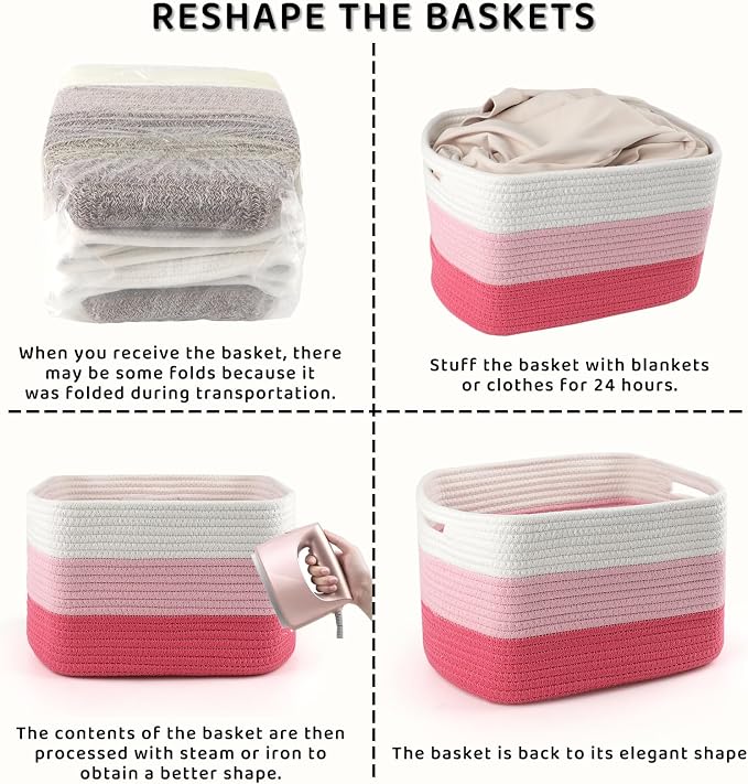 4 Pack Storage Baskets for Organizing, 11''Lx9''Wx8''H Woven Baskets for Storage Toys, Towels, Books, and Clothes, Cotton Rope Basket for Shelves with Handle White & Brown