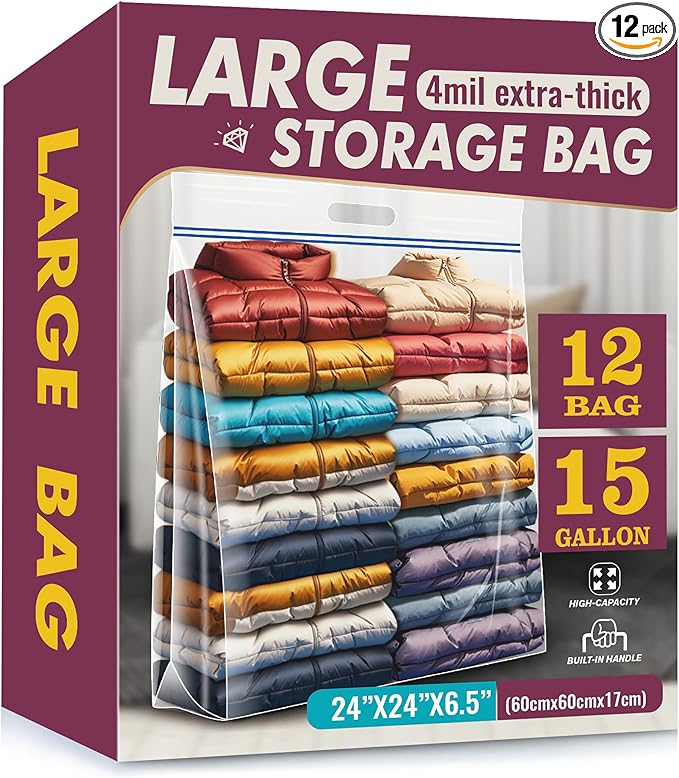 15 Gallon Large Storage Bags, 24" x 24" Clear Plastic Zipper Bags with Handles, Extra Large XL Heavy Duty for Travel Home Moving, Pack of 12