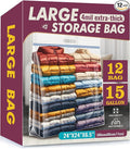 15 Gallon Large Storage Bags, 24" x 24" Clear Plastic Zipper Bags with Handles, Extra Large XL Heavy Duty for Travel Home Moving, Pack of 12